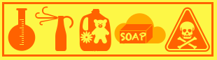 Silhouette of a beaker, spray bottle, clothing detergent bottle, bar of soap and a toxic product warning label.