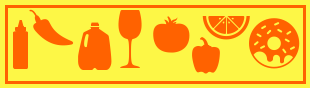 Silhouettes of a ketchup bottle, hot pepper, jug of milk, wine glass, tomato, bell pepper, slice of citrus and a donut.