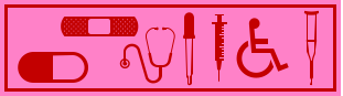 Silhouette of a pill, bandaid, stethoscope, eye dropper, syringe, wheelchair symbol and crutch.