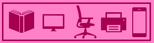 Silhouette of a book, computer monitor, office chair, printer and mobile phone.