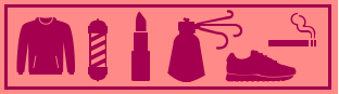 Silhouette of a shirt, barber pole, lipstick, a perfume bottle, a running shoe and a cigarette.